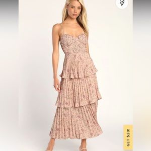 Lulus Cascading Crush Pink Floral Print Tiered Bustier Midi Dress - worn once